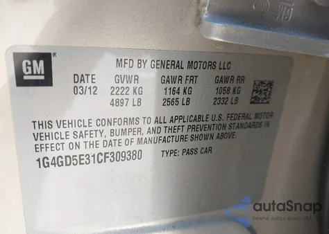 2012 Buick Lacrosse Premium 1 Group z USA, uszkodzony, nr VIN 1G4GD5E31CF309380